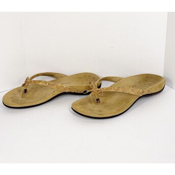 Vionic Bella Sandal Beige Neutral Flip Flop Bow Gold Cork Toe Post Comfort Sz 6 - Picture 3 of 16